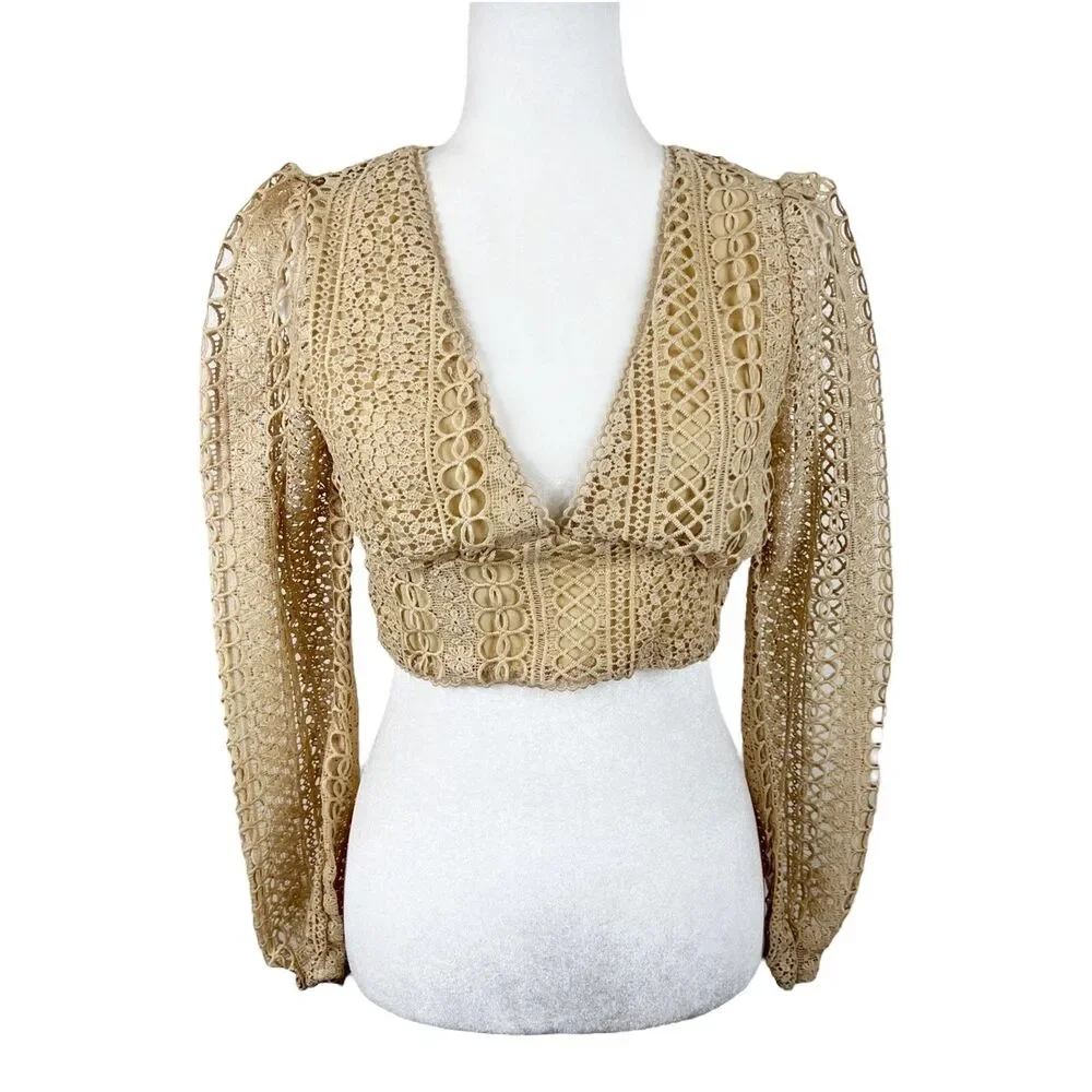 Unbranded Blouse Women Small Neutral Tan Floral Crochet Cropped V-Neck Zip Back